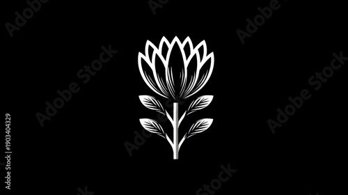 A white floral emblem, with a geometric bloom and leaves, stands out against a stark, black background