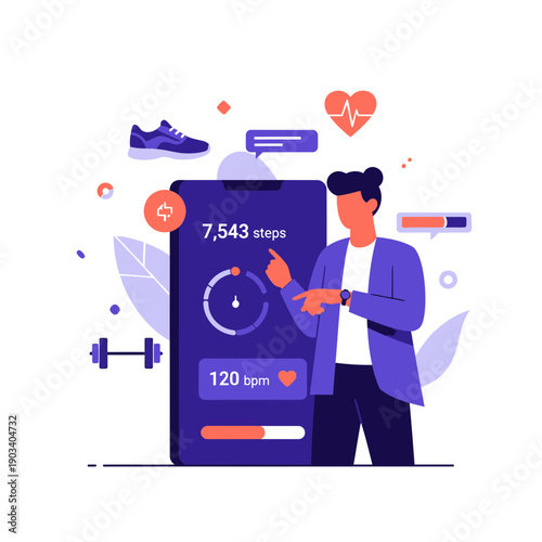 Man uses fitness app on phone with exercise icons and health data.