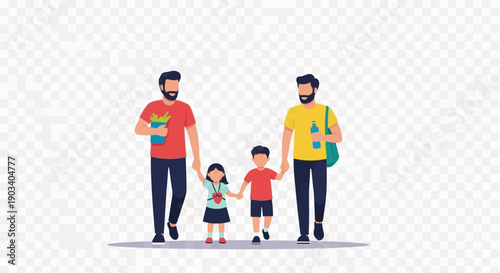 Two men and two children walking together holding hands.