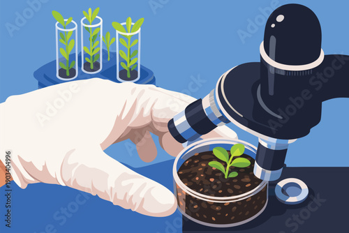 Scientist hand using a microscope to examine small green plants in a lab.