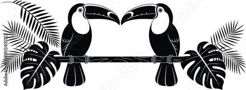 Twin toucan bird silhouette with tropical palm monstera leaves, jungle wildlife symmetry design, exotic rainforest animal, black flat vector illustration