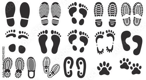 Human Walking Footprints and Shoe Sole Marks Vector set with adult, kid, and bare feet prints, trail icons, path tracking design, EPS format.