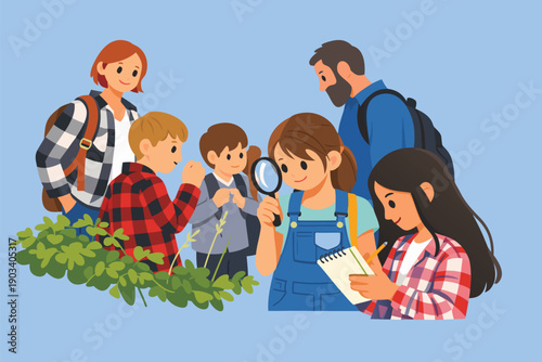 Group of diverse students exploring plants in a forest with their teacher.
