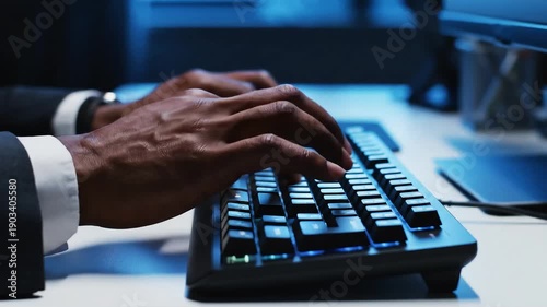 Corporate hands typing with strong downward keystrokes