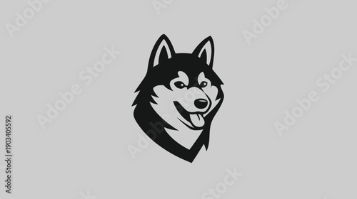 A stylized black and white dog head in a portrait style, on a light gray background