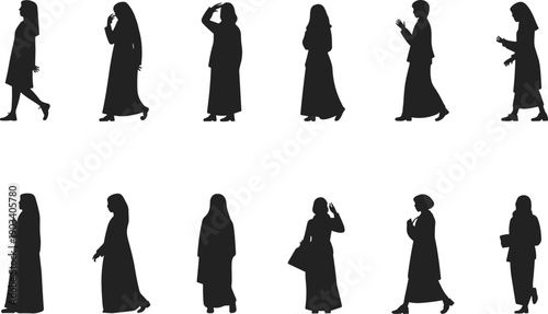 Muslim women silhouettes set, abaya hijab walking standing poses, modest fashion lifestyle, cultural diversity, daily activities, people collection, flat vector illustration
