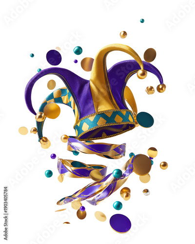 A Jester Hat with Purple and Gold Elements Floats with Confetti and Beads on a Transparent Background. Cutout Element