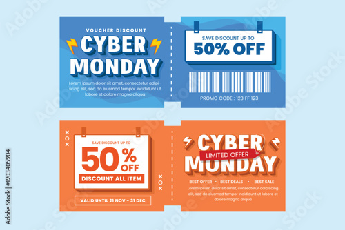 A collection of colorful Cyber Monday discount coupons on a light blue background
