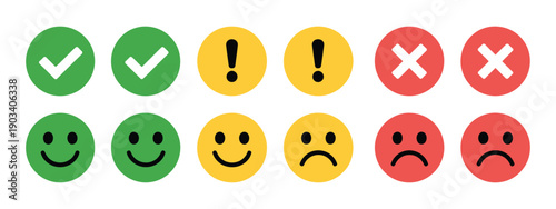 Round Icons set with green, yellow, red colors, check marks, cross mark, exclamation points, alerts, feedback emoticons, flat vector buttons.