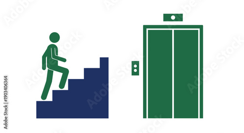 Person climbing stairs next to an elevator.