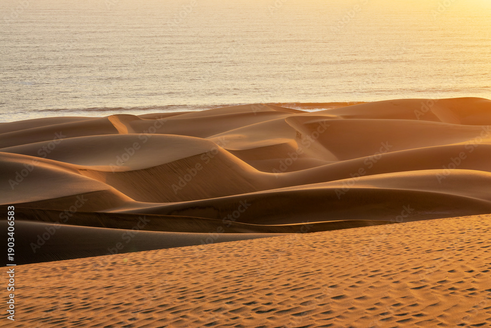 Fototapeta premium Sand dunes and ocean view in Sandwich Harbour, Namib Naukluft Natural Park landscape in Namibia, Africa
