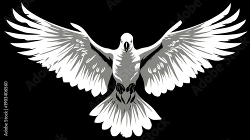A grayscale illustration of a bird in flight with fully extended wings on a black background