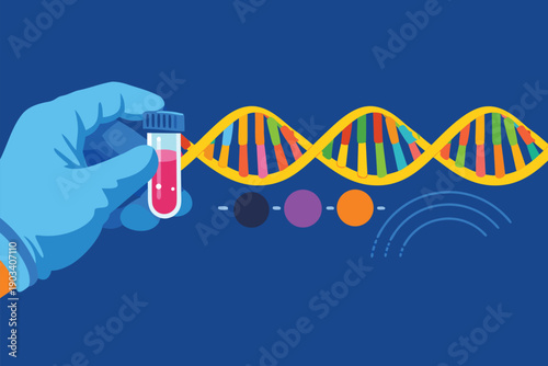 Hand holding test tube with double helix DNA strand against blue background.