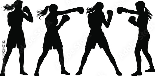 Female boxing silhouettes showing women athletes punching and defending in training poses, strength empowerment fitness sport concept, flat vector illustration