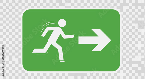Green emergency exit sign with a running person and an arrow pointing right, indicating an escape route.