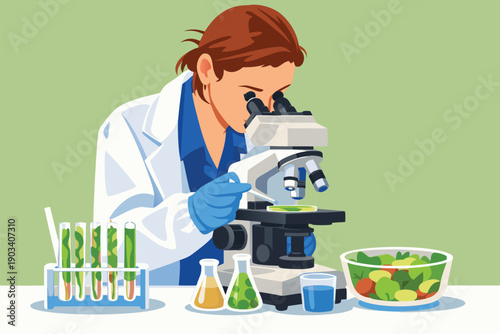Agricultural scientist examining green plants through microscope in a lab environment.
