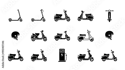 Scooters and helmets in black icons.