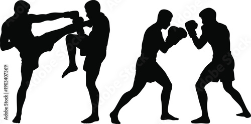 Muay Thai and boxing fight silhouettes showing two male fighters sparring with kicks punches strength action concept, flat vector illustration