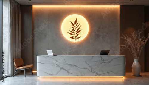 Modern reception desk with marble finish and glowing plant logo. Laptops sit on counter, chair nearby. Interior space feels calm, elegant, and pro.