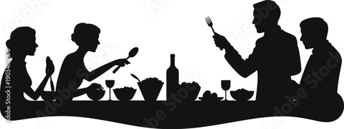 Family dinner silhouettes showing people eating together at dining table with food drinks conversation, lifestyle bonding concept, flat vector illustration