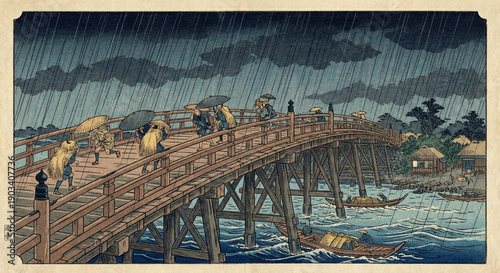 城下町、雨、橋、