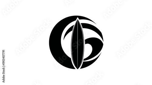 A stylized black and white graphic showing a surfboard at the center of an abstract wave