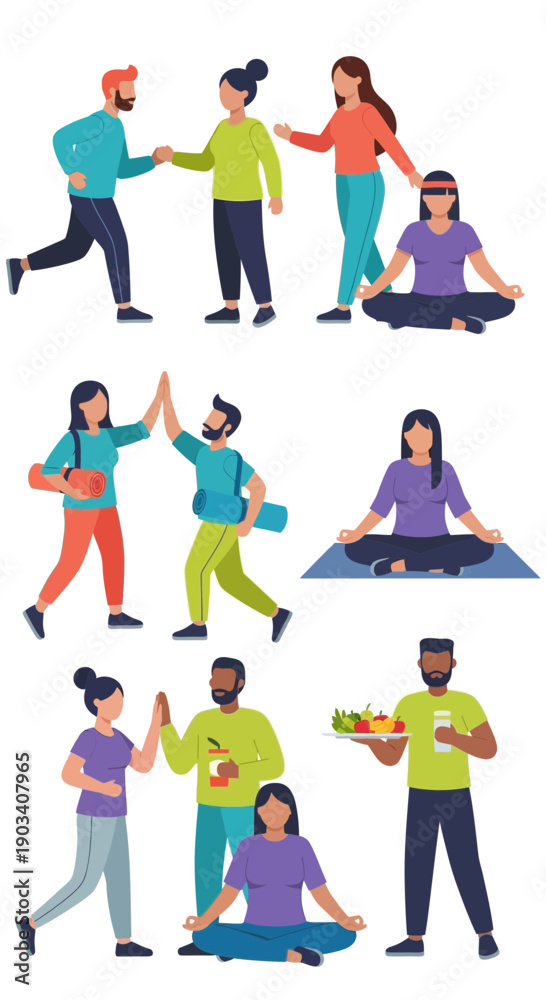 Fototapeta premium Diverse people interacting in various social and wellness activities.