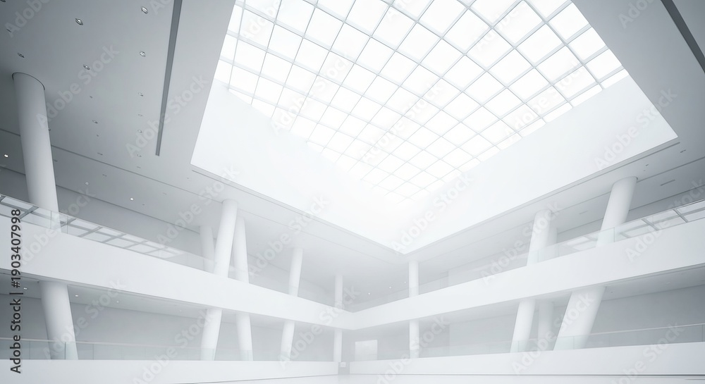 Naklejka premium Modern Convention Center Interior with Skylight, Spacious Design, and Soft Ambient Lighting Features