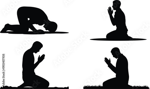 Prayer silhouettes showing man performing Islamic salah positions with devotion spirituality faith concept, worship poses collection, flat vector illustration