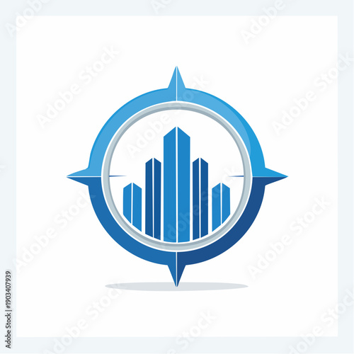 Dynamic City Compass Icon Illustrating Urban Development and Real Estate Direction with Growth Potential