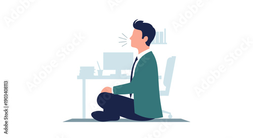 Man meditating in an office setting on a mat.