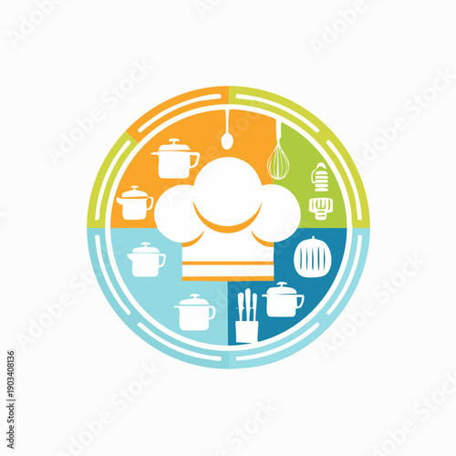 Round culinary icon with chef's hat surrounded by kitchen utensils and cookware
