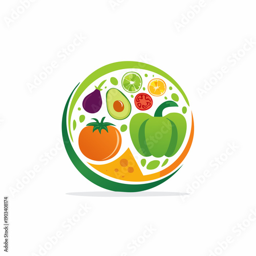 Colorful Array of Fresh Vegetables and Fruits in a Dynamic Circular Graphic Representing Healthy Eating and Nutrition