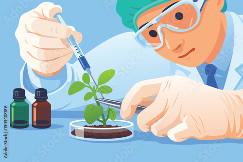 Young male researcher injecting liquid into plant sample for agricultural study.