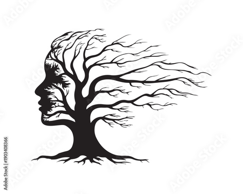 A striking black silhouette depicts a human face profile merging with a tree and branches flowing like hair