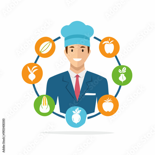 Healthy Food Chef Cooking Fresh Vegetables and Fruits Around Him