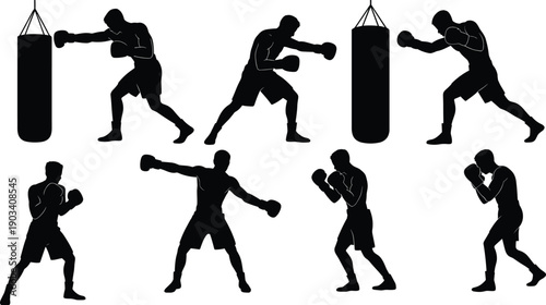 Boxing training silhouettes showing male athlete punching heavy bag and shadow boxing poses, sport fitness concept, flat vector illustration