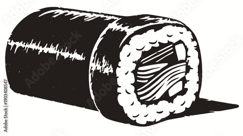 A monochrome illustration of a sushi roll, showing the details of the layers and the core ingredients