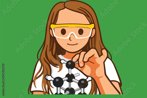 Young female student holding molecular model for chemistry education.