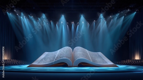 A large book illuminated by spotlights on a stage. Seating surrounds the area