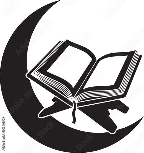 Black and white illustration of book on crescent moon side