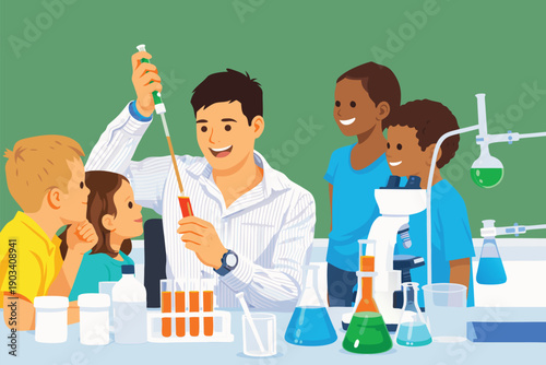 Diverse group of young students learning chemistry in school laboratory.