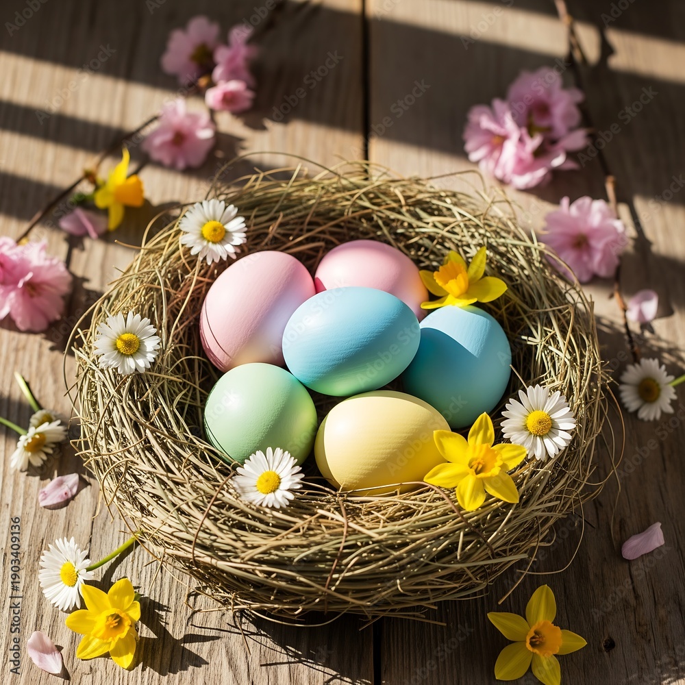 Fototapeta premium Pastel Easter eggs arranged in a natural nest with spring flowers, suitable for seasonal campaigns and editorial storytelling. Holiday and Seasonal Marketing, Editorial and Magazine Content