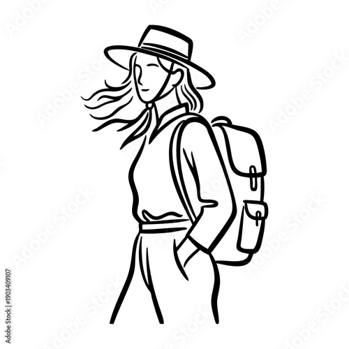 Senderismo en la naturaleza. Dibujo sencillo con líneas de una mujer con sombrero caminando con una mochila a la espalda 