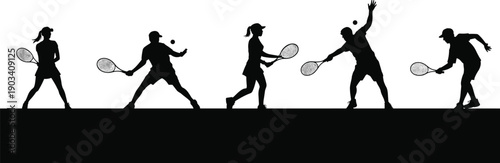 Tennis players silhouette set showing men and women playing tennis action poses, racket sport collection, black vector illustration isolated