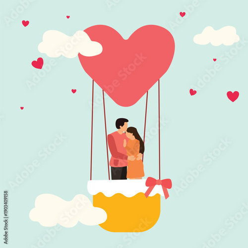 Love couple flying on balloon in the sky. Romantic date Flat cartoon. Man and woman of lovers inside hot air balloon. Hearts, love, romantic greeting card for 14 February. Valentine's day banner.