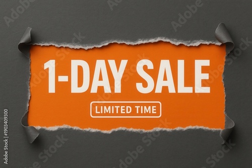 1-DAY SALE with LIMITED TIME offer, ripped paper style, striking retail discount promotion.