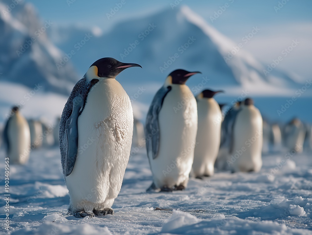 Obraz premium group of emperor penguins on icy landscape