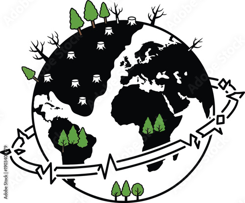 Conceptual vector illustration representing global biodiversity loss with dying plants and animals symbolizing environmental destruction and ecological crisis.