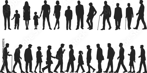 Human life stages silhouette from childhood to old age, walking people timeline, aging concept, black vector illustration isolated background